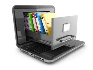 Image of laptop with a file cabinet drawer and colorful files coming out of the screen