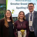 Spelling Bee Coordinator Maddy Gimby, Elliott Covelle and Pronouncer Mark Raffler