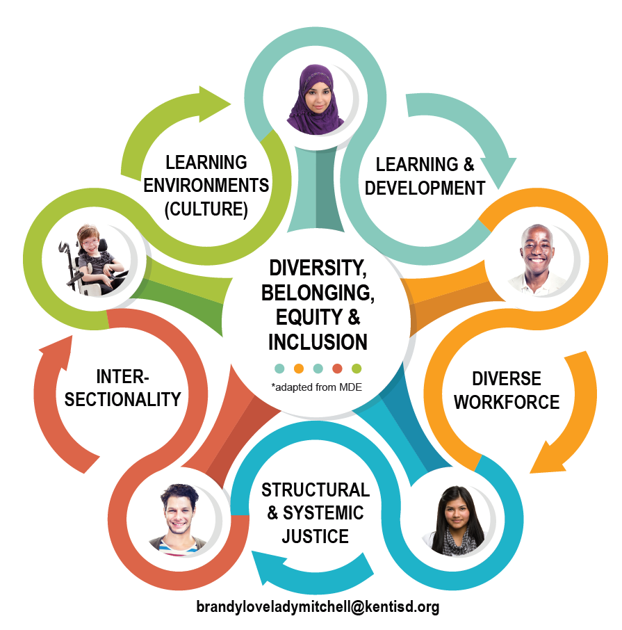 Diversity, Belonging, Equity & Inclusion are the Guiding principles in the center and Learning & Development, Diverse Workforce, Structural & Systemic Justice, Intersectionality, and Learning Environments (culture) surround those principles and represent action areas